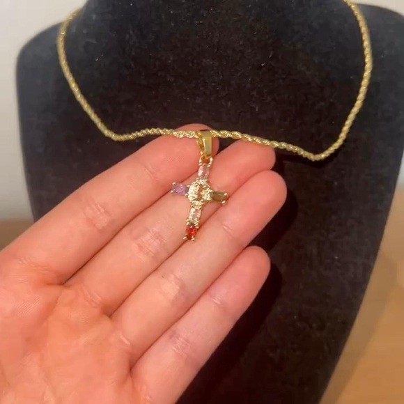 Gold Sparkly Multi-Colored Cubic Zirconium Cross Rope Necklace✝️ - Picture 5 of 5